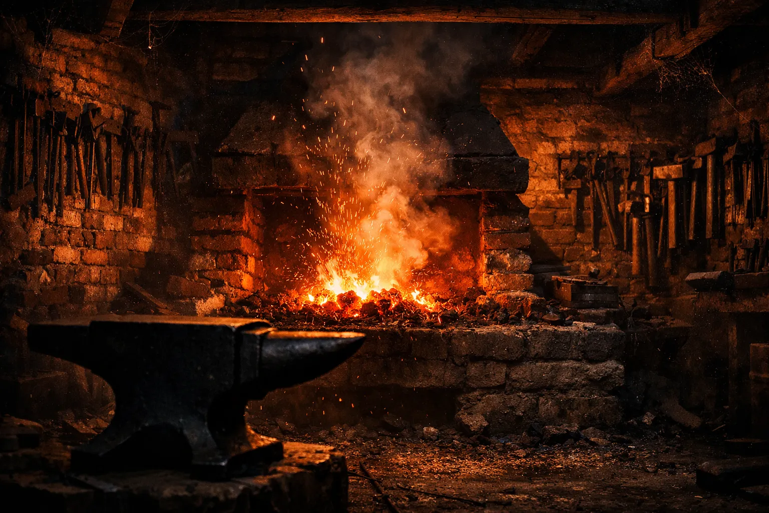 Schmiedewerkstatt mit glühendem Ofen